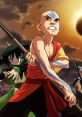 Aang, the Avatar, wields a staff in a determined pose, with friends by his side, ready to face challenges.