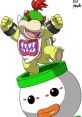 Bowser Jr. with a playful expression, wearing a bib, passionately riding a toy Bob-omb in a vibrant illustration.