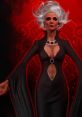 Helen Bierce from Dark Deception showcases an imposing figure in a dramatic black dress against a fiery red background.