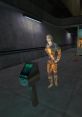Holographic Assistant from Half-Life interacting with a control panel in a sci-fi corridor, showcasing retro gaming visuals.