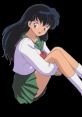 Kagome Higurashi, with long black hair, sits in a school uniform, depicting her thoughtful and adventurous spirit.