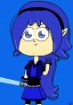 Katara Siari character design by MikalaD Adams featuring blue hair, casual outfit, and a lightsaber against a blue background.