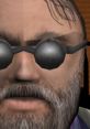Close-up of Lionel Starkweather character from Manhunt, designed with grey beard and dark sunglasses, embodying a sinister persona.