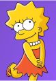 Lisa Simpson smiles playfully in a red dress, showcasing her iconic yellow hair and pearl necklace against a purple background.