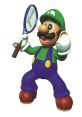 Luigi from the N64 era, celebrating a tennis victory while holding a racket in his signature green and purple outfit.