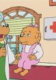 Mama Bear in a pink outfit, looking concerned in a doctor's office from The Berenstain Bears series by Camilla Scott.