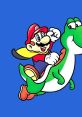 Mario joyfully rides Yoshi against a bright blue background, showcasing classic characters from Super Mario World.