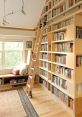 Stylish mechanized library with wooden ladder and spacious bookshelves, featuring warm natural light and elegant decor.