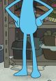 Mr. Meeseeks standing with hands on hips, showcasing his signature blue color in a cluttered setting filled with various items.