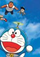 Nobita Nobi and friends soar through the sky with Doraemon in the 1993 Castilian Spanish anime adventure.