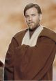 Obi-Wan Kenobi con túnica marrón, una figura icónica en la saga de Star Wars, retratada con seriedad y concentración.