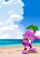 Pianta Persecutor from Super Mario Sunshine, vibrant pink character on the beach with palm leaves against a clear sky.