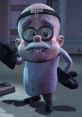Professor Finbarr Calamitous, animated character by Tim Curry, features quirky glasses and lab coat in a lab setting.