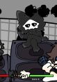 Puro character from TortoiseTTS mod, sitting on a speaker in a vibrant rhythm battle scene with dynamic visuals.