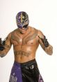 Rey Mysterio poses in a lucha libre mask, showcasing his signature tattoos and iconic wrestling attire.