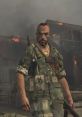 Sgt. Roebuck from Call of Duty stands amidst chaos, ready for battle, showcasing his military gear in a war-torn landscape.