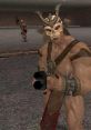 Shao Kahn, powerful warrior from Mortal Kombat, wielding a weapon in a dark battle arena setting.