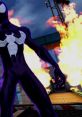 Black-suited Spider-Man by Josh Keaton stands against a backdrop of flames, showcasing his iconic superhero pose.