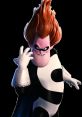 Syndrome from The Incredibles with vibrant red hair, wearing a black and white superhero costume, striking a dramatic pose.