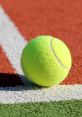 Bright green tennis ball resting on the red clay court, showcasing its fuzzy texture and distinctive yellow hue.