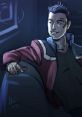 Stylized illustration of Theron Shan, a character voiced by Troy Baker, exuding charm and confidence in a dark setting.