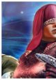 Visas Marr from KOTOR2 wields a blaster, showcasing her unique design and mysterious allure in a cosmic backdrop.