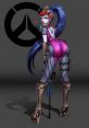 Widowmaker, personnage emblématique d’Overwatch, en pose séduisante avec son costume violet, devant le logo du jeu.