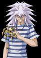 Yami Bakura stands with a smirk, holding his signature Millennium Ring, showcasing his distinctive striped shirt.