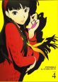 Yukiko Amagi in Persona 4: The Animation, showcasing her stylish red outfit and playful expression against a yellow background.