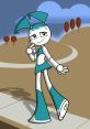 Jenny Wakeman, the robotic protagonist, poses confidently in a stylish outfit against a scenic background.