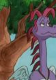 Wheezie from Dragon Tales with purple scales, pink hair, and playful expression, set against a vibrant nature backdrop.