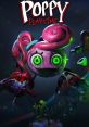 Miss Delight from Poppy Playtime with green eyes and cheerful expression among colorful game characters and eerie ambiance.