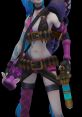 Jinx from League of Legends, featuring her iconic weapons and vibrant blue hair, ready for chaotic gameplay action.
