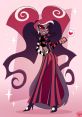 Velvette from Hazbin Hotel poses playfully, adorned in striking red and black attire with heart motifs against a pink backdrop.
