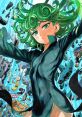 Tatsumaki displays her psychic powers amidst debris, showcasing her strength and iconic green hair in dynamic action.