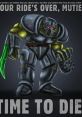 Frank Horrigan from Fallout 2, menacing in power armor, holding a weapon with an intimidating expression. Time to die, Mutie!