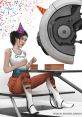 Cheerful celebration scene featuring a female character with GLaDOS-themed cake and party hats in a laboratory setting.