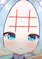 Cute animated character with a large forehead, blue eyes, and playful expression, featuring a grid pattern on her head.