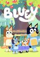 Bluey and friends enjoy a playful moment outside, surrounded by a vibrant, colorful landscape of trees and flowers.
