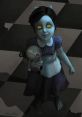 Little Sister from BioShock, featuring a blue-skinned girl with glowing eyes holding a doll on a patterned floor.