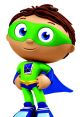 Super Why from the animated series, wearing a green superhero outfit with blue cape and striking a confident pose.