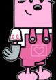 Widget from "Wow, Wow! Wubbzy" smiling and wearing pink overalls with a heart pocket, showcasing her cheerful personality.