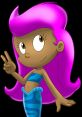 Molly from Bubble Guppies shows her signature peace sign with a bright smile and vibrant pink hair. Fun and friendly character!