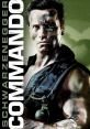 Arnold Schwarzenegger in "Commando," showcasing intense action and strength in a military-themed setting.