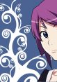 Purple-haired character with intricate swirling patterns in the background, inspired by the "Bakemonogatari" series.