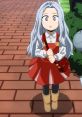 Eri from My Hero Academia, wearing a red dress and boots, looks surprised while standing on a brick path.