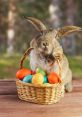 Playful rabbit with colorful Easter eggs in a woven basket, symbolizing festive spring celebrations and family traditions.