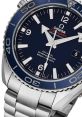 Close-up of Omega Seamaster Professional watch with a blue dial, stainless steel band, and 600m water resistance feature.