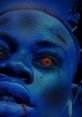 Close-up of a person with striking orange eyes and blue-toned skin, evoking a dark, edgy atmosphere. Perfect for _EeE_ enthusiasts.
