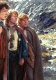 Hobbits in adventure attire gaze into the distance, set against a scenic mountainous backdrop.